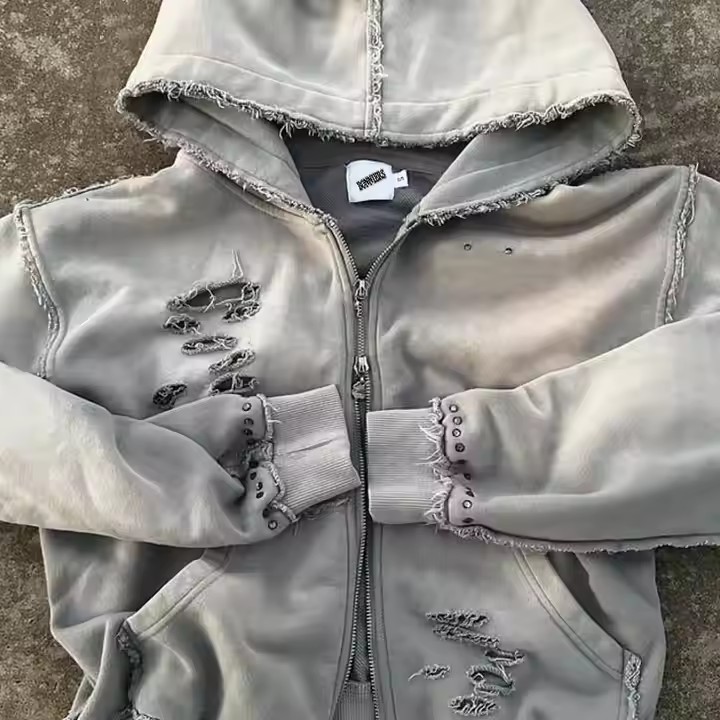 2025 Hot Sale Oversized Cropped Heavyweight Distressed Blank Zip up Hoodie Custom High Quality 450 500 Gsm Acid Wash Hoodie Men