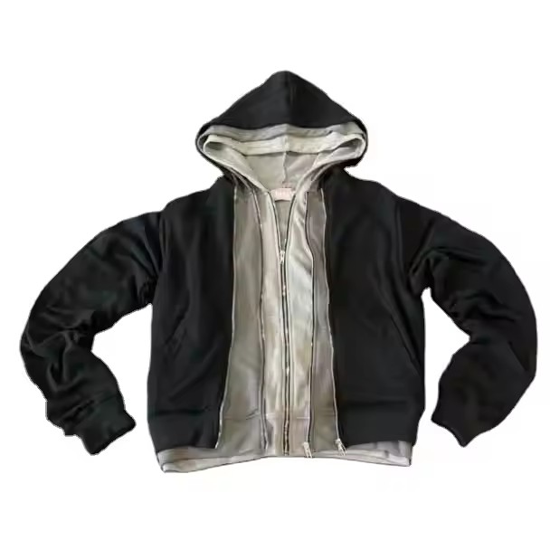 Custom Y2k Blank Distressed Triple Layer Zip up Hoodie Men Streetwear High Quality Cotton Acid Wash Cropped Heavyweight Hoodie