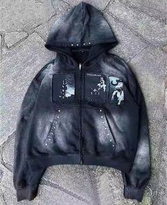 Custom Heavyweight Distressed Vintage Zip up Hoodie Men Streetwear Acid Washed Embroidery Rhinestone Cropped 450 500gsm Hoodie