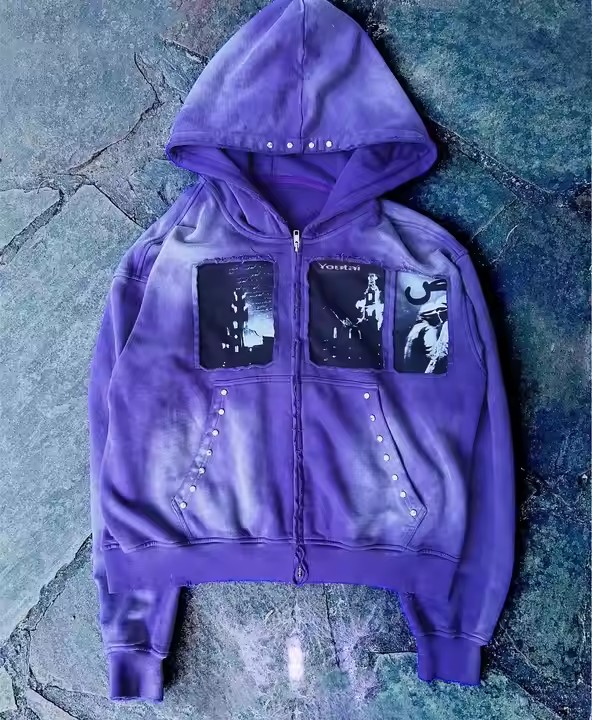 Custom Heavyweight Distressed Vintage Zip up Hoodie Men Streetwear Acid Washed Embroidery Rhinestone Cropped 450 500gsm Hoodie