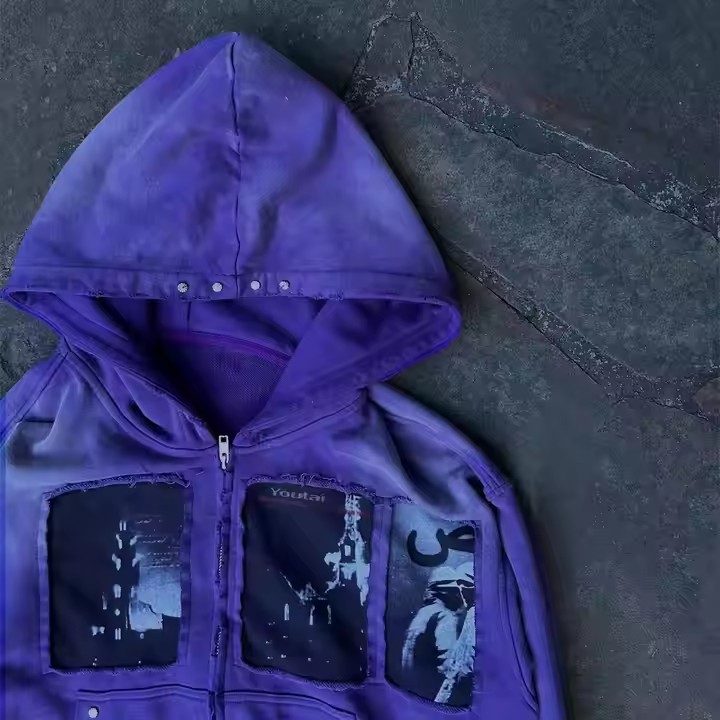 Custom Heavyweight Distressed Vintage Zip up Hoodie Men Streetwear Acid Washed Embroidery Rhinestone Cropped 450 500gsm Hoodie