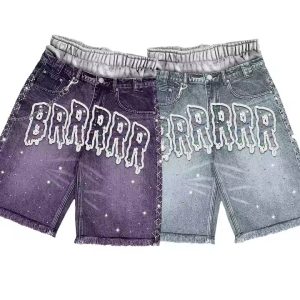 Custom Streetwear Cropped Rhinestone Embroidery Double Layer Waist Designer Cotton Denim Flared Jorts Jeans Shorts Men