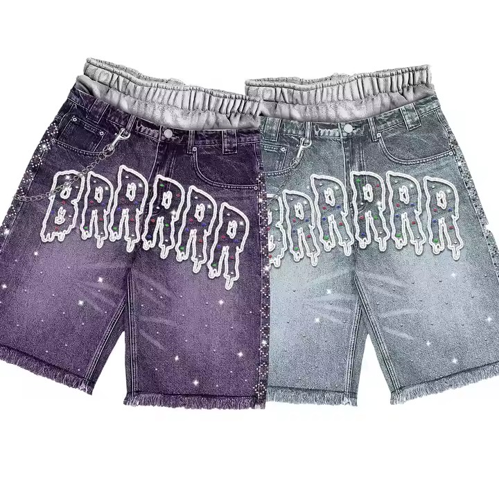 Custom Streetwear Cropped Rhinestone Embroidery Double Layer Waist Designer Cotton Denim Flared Jorts Jeans Shorts Men