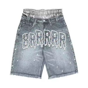Custom Streetwear Cropped Rhinestone Embroidery Double Layer Waist Designer Cotton Denim Flared Jorts Jeans Shorts Men