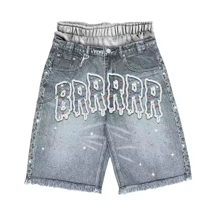 Custom Streetwear Cropped Rhinestone Embroidery Double Layer Waist Designer Cotton Denim Flared Jorts Jeans Shorts Men