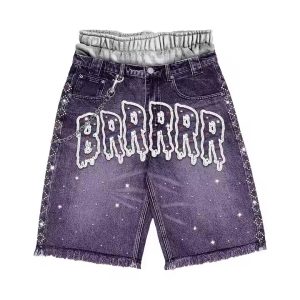 Custom Streetwear Cropped Rhinestone Embroidery Double Layer Waist Designer Cotton Denim Flared Jorts Jeans Shorts Men