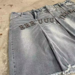Manufacturer Streetwear Acid Washed Rhinestone Baggy Running Shorts Men Custom Hems Jorts Denim Jeans Knee Cargo Shorts