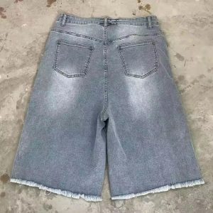 Manufacturer Streetwear Acid Washed Rhinestone Baggy Running Shorts Men Custom Hems Jorts Denim Jeans Knee Cargo Shorts