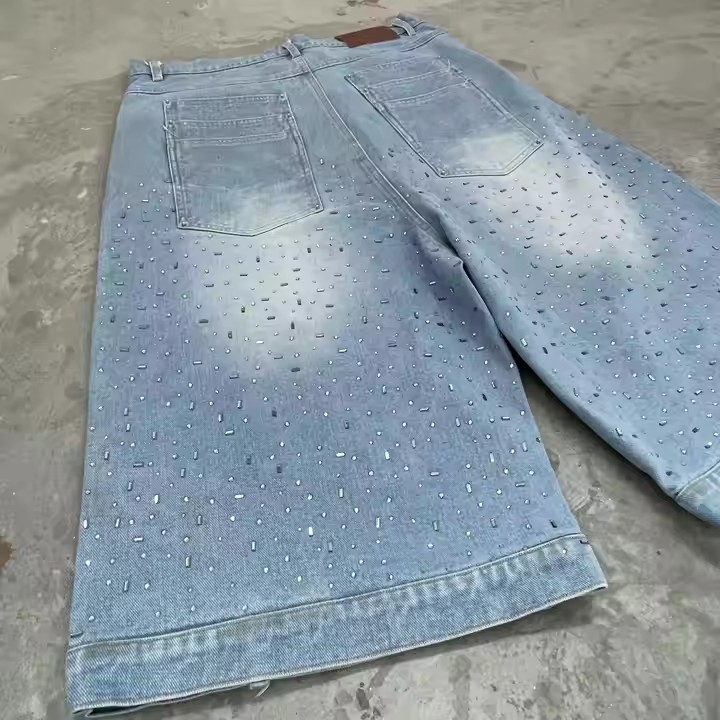 Manufacturer High Quality Rhinestone Cropped Baggy Streetwear Shorts Custom Acid Wash Jorts Designer Denim Jeans Pants Shorts