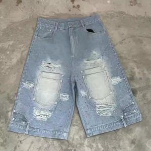 Manufacturer High Quality Rhinestone Cropped Baggy Streetwear Shorts Custom Acid Wash Jorts Designer Denim Jeans Pants Shorts