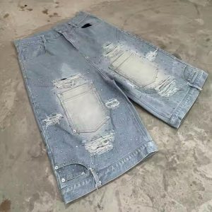Manufacturer High Quality Rhinestone Cropped Baggy Streetwear Shorts Custom Acid Wash Jorts Designer Denim Jeans Pants Shorts