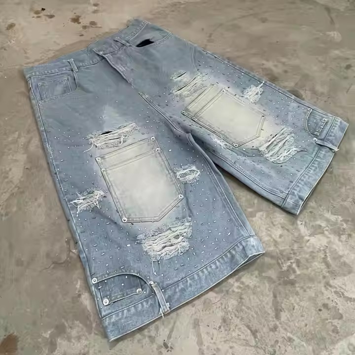 Manufacturer High Quality Rhinestone Cropped Baggy Streetwear Shorts Custom Acid Wash Jorts Designer Denim Jeans Pants Shorts