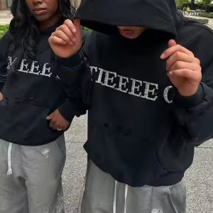 Manufacturer Custom Streetwear Hip Hop Rhinestone Gemstone Sweatshirt Hoodie Print Pullover Oversized Heavyweight Hoodie for Men