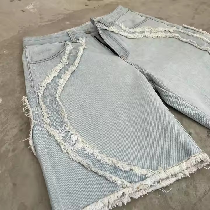 Summer Streetwear Fashionable Fringed Denim Men's Shorts Custom logo Cotton Straight Leg Tassel Jeans Boxer Shorts for Mens