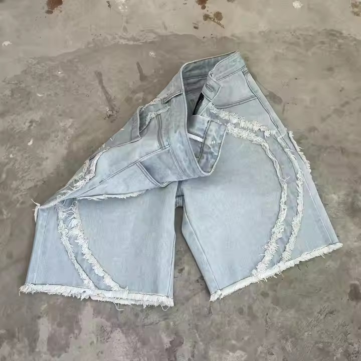 Summer Streetwear Fashionable Fringed Denim Men's Shorts Custom logo Cotton Straight Leg Tassel Jeans Boxer Shorts for Mens