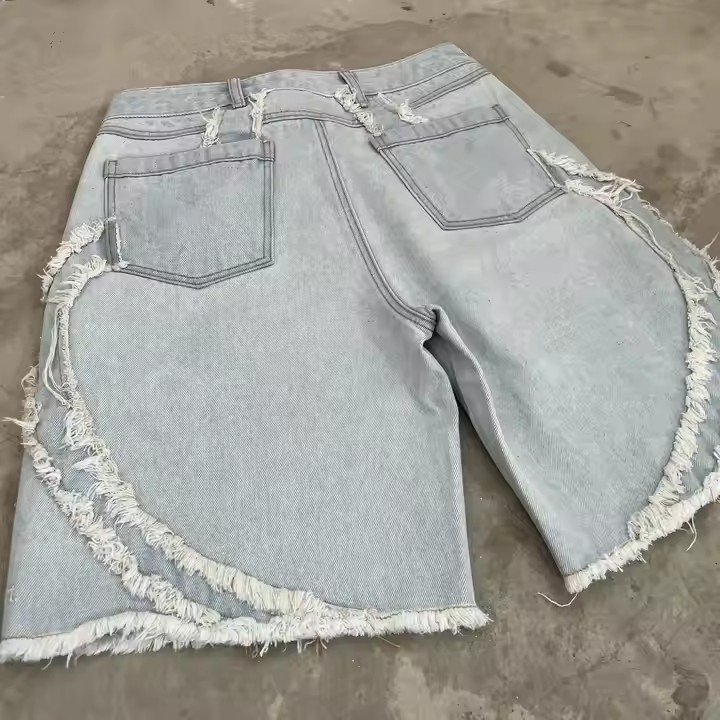 Summer Streetwear Fashionable Fringed Denim Men's Shorts Custom logo Cotton Straight Leg Tassel Jeans Boxer Shorts for Mens