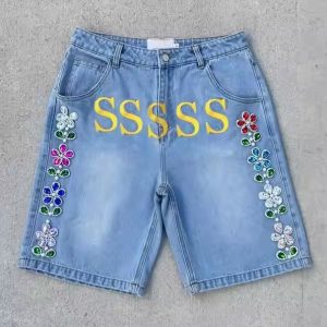 Custom New Trending Streetwear Diamonds Rhinestone Acid Wash Denim Shorts for Men Manufacturer Vintage Jorts Jean Men'S Shorts