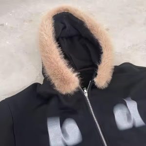 Wholesale Custom Heavyweight Distressed Zip up Faux Fur Hood Hoodie for Men Streetwear Oversized Cotton Jacket Sudaderas Hombre