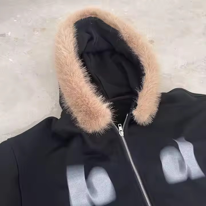 Wholesale Custom Heavyweight Distressed Zip up Faux Fur Hood Hoodie for Men Streetwear Oversized Cotton Jacket Sudaderas Hombre