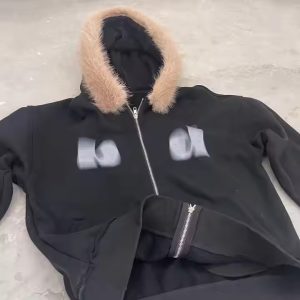 Wholesale Custom Heavyweight Distressed Zip up Faux Fur Hood Hoodie for Men Streetwear Oversized Cotton Jacket Sudaderas Hombre