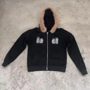 Wholesale Custom Heavyweight Distressed Zip up Faux Fur Hood Hoodie for Men Streetwear Oversized Cotton Jacket Sudaderas Hombre