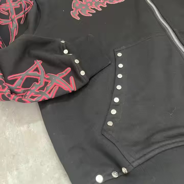 High Quality Rivets Cotton Puff Print Diamond Distressed Zip up Hoodie Custom Detachable Faux Fur Oversized Heavyweight Hoodie