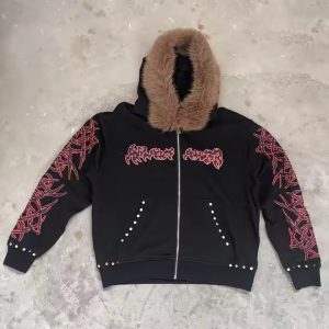 High Quality Rivets Cotton Puff Print Diamond Distressed Zip up Hoodie Custom Detachable Faux Fur Oversized Heavyweight Hoodie