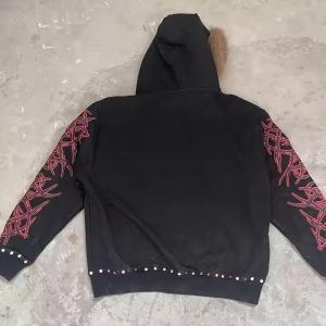 High Quality Rivets Cotton Puff Print Diamond Distressed Zip up Hoodie Custom Detachable Faux Fur Oversized Heavyweight Hoodie