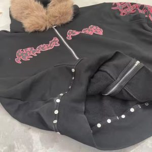 High Quality Rivets Cotton Puff Print Diamond Distressed Zip up Hoodie Custom Detachable Faux Fur Oversized Heavyweight Hoodie