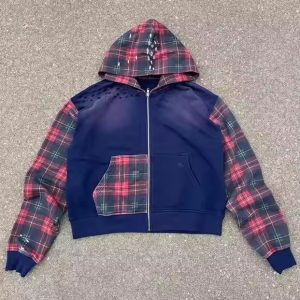 Manufacturer Custom Oversized Cropped Heavyweight Men Streetwear Distressed Zip up Acid Wash Plaid High Quality Men's Hoodie