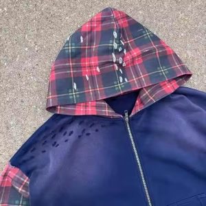 Manufacturer Custom Oversized Cropped Heavyweight Men Streetwear Distressed Zip up Acid Wash Plaid High Quality Men's Hoodie
