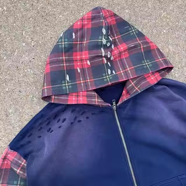 Manufacturer Custom Oversized Cropped Heavyweight Men Streetwear Distressed Zip up Acid Wash Plaid High Quality Men's Hoodie