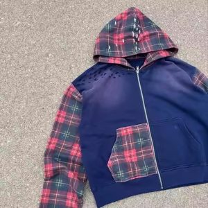 Manufacturer Custom Oversized Cropped Heavyweight Men Streetwear Distressed Zip up Acid Wash Plaid High Quality Men's Hoodie