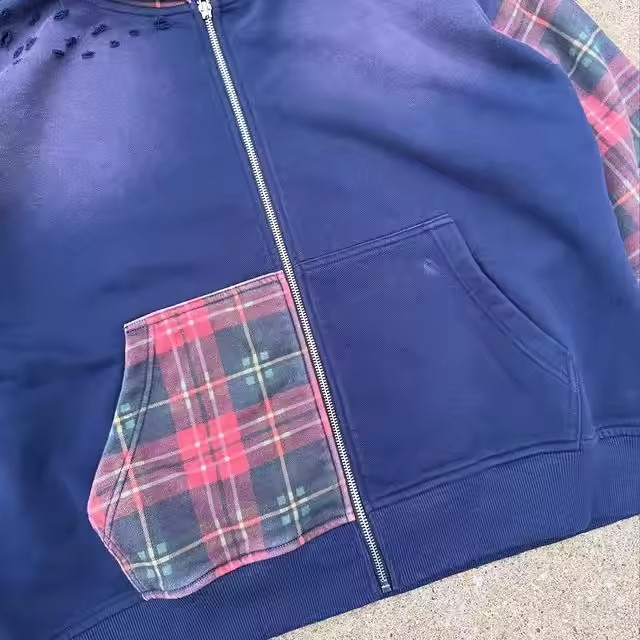 Manufacturer Custom Oversized Cropped Heavyweight Men Streetwear Distressed Zip up Acid Wash Plaid High Quality Men's Hoodie