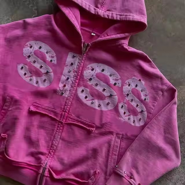 Wholesale Custom Streetwear Rhinestone Printed Distressed Zip up Hoodie for Men Cropped 450 Gsm Acid Wash Heavyweight Hoodie
