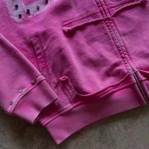 Wholesale Custom Streetwear Rhinestone Printed Distressed Zip up Hoodie for Men Cropped 450 Gsm Acid Wash Heavyweight Hoodie