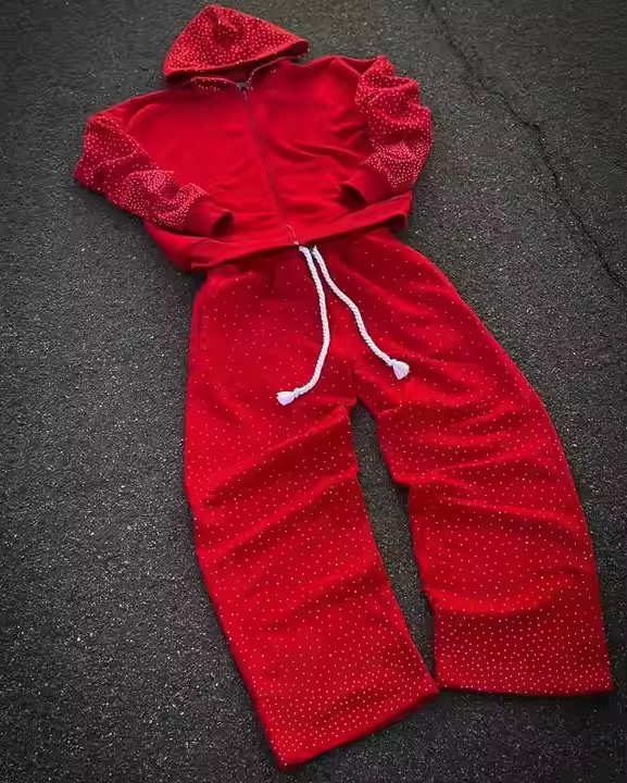 Heavyweight All Print Rhinestone Sweatsuit Custom Streetwear Trackusit Acid Wash Flared Sweatpants and Hoodie Sets
