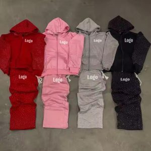 Heavyweight All Print Rhinestone Sweatsuit Custom Streetwear Trackusit Acid Wash Flared Sweatpants and Hoodie Sets
