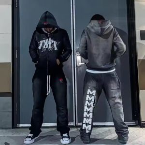Custom Streetwear Sweatsuit Flare 2 Piece Set Clothing Manufacturers Fitness Baggy Acid Wash Running Flared Tracksuit for Men