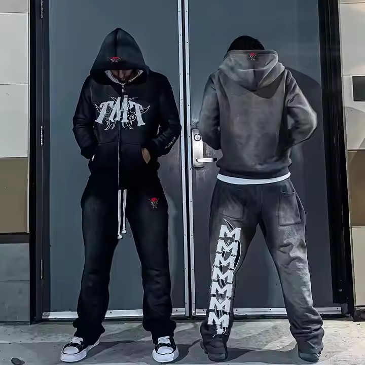 Custom Streetwear Sweatsuit Flare 2 Piece Set Clothing Manufacturers Fitness Baggy Acid Wash Running Flared Tracksuit for Men