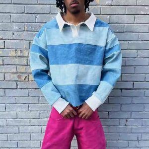 Custom Streetwear Polo T Shirt Acid Wash Denim Rugby Heavyweight Printed Long Sleeve Plain T-Shirt Cotton Cropped Shirt for Men