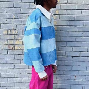 Custom Streetwear Polo T Shirt Acid Wash Denim Rugby Heavyweight Printed Long Sleeve Plain T-Shirt Cotton Cropped Shirt for Men