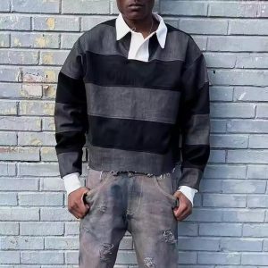 Custom Streetwear Polo T Shirt Acid Wash Denim Rugby Heavyweight Printed Long Sleeve Plain T-Shirt Cotton Cropped Shirt for Men