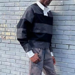 Custom Streetwear Polo T Shirt Acid Wash Denim Rugby Heavyweight Printed Long Sleeve Plain T-Shirt Cotton Cropped Shirt for Men