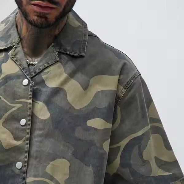 Wholesale Custom High Quality Button up Canvas Summer Men'S T Shirt Camouflage Camo Boxy Printed Short Sleeve Shirts for Men
