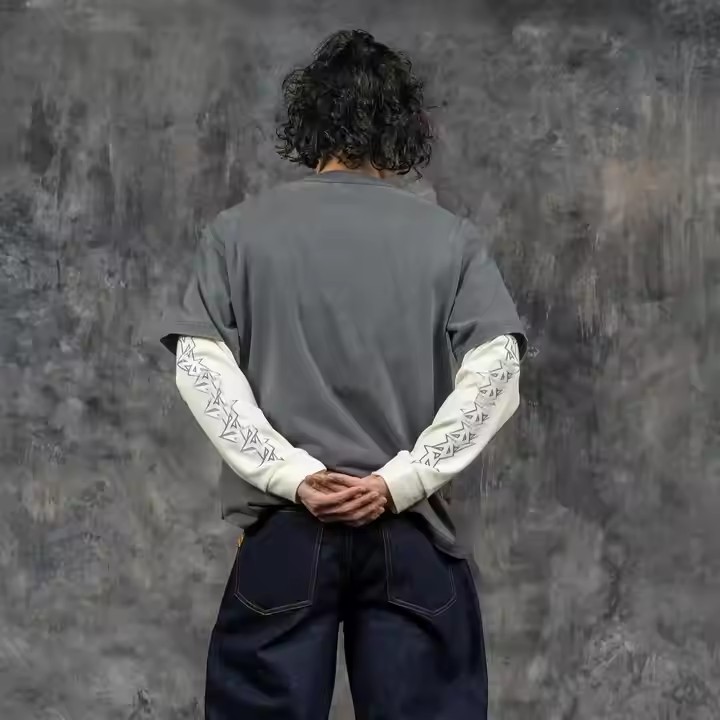 Streetwear Acid Wash Double Layered Long Sleeve T Shirt for Men Custom Cotton Oversized Waffle Tee Y2k 2025 Trending T-Shirt